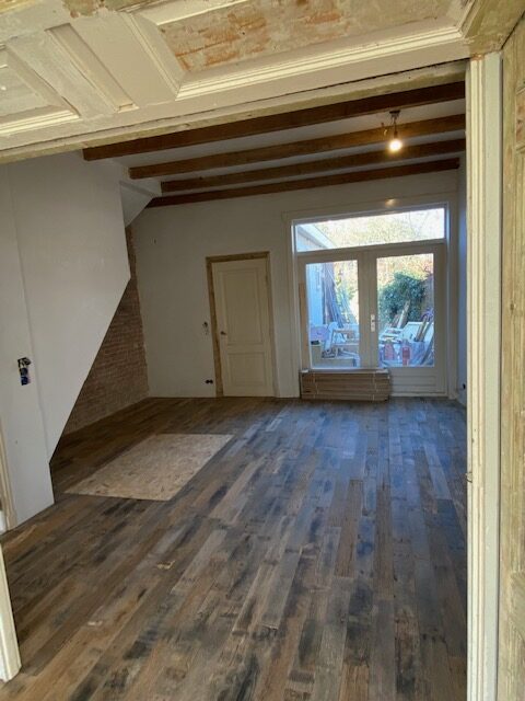 finished french oak barnwood floor with view through to living room